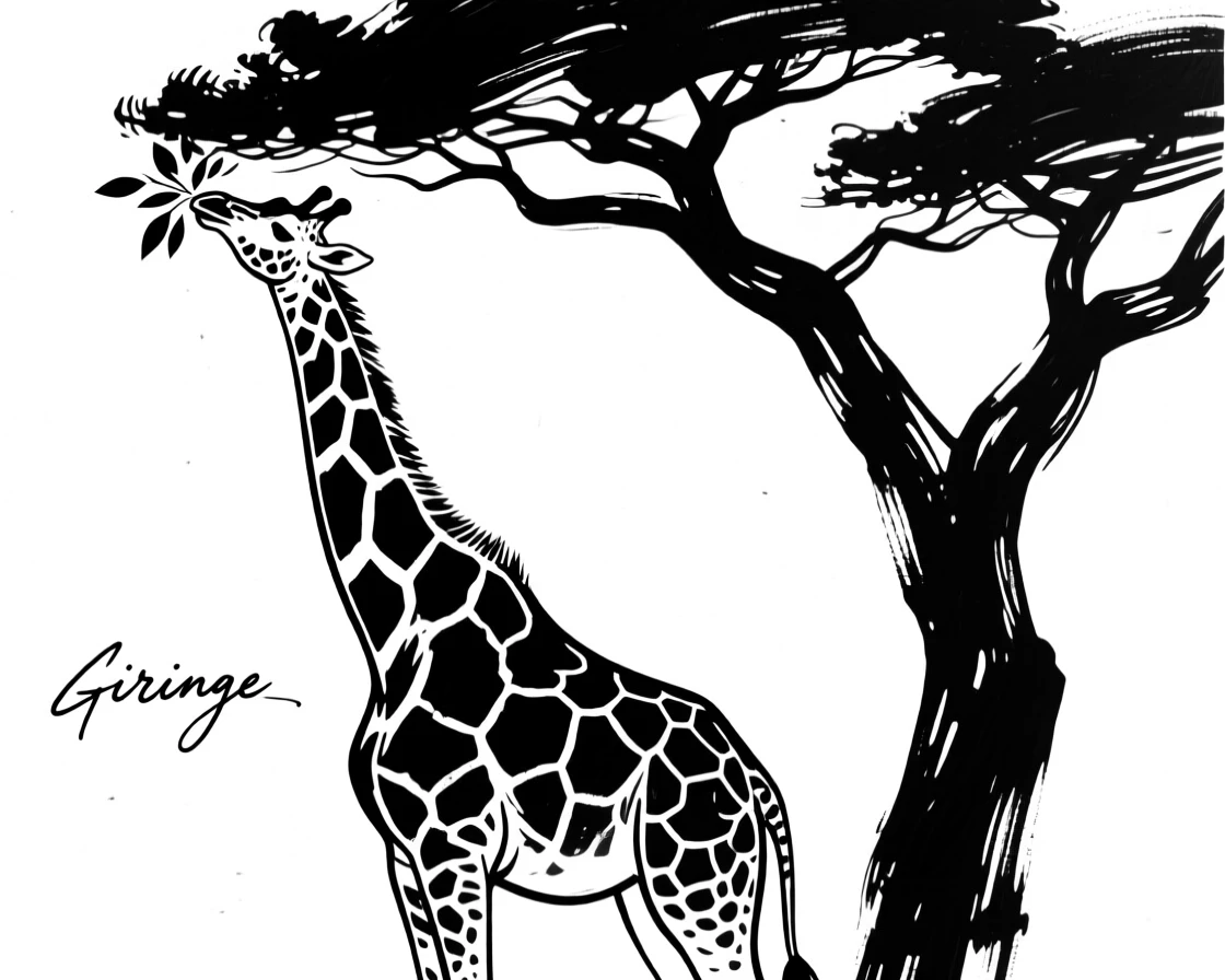 A giraffe reaching its long neck up to nibble leaves from a tall acacia tree.