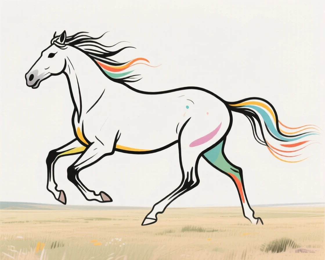 A wild horse galloping freely across an open plain with its mane flowing.