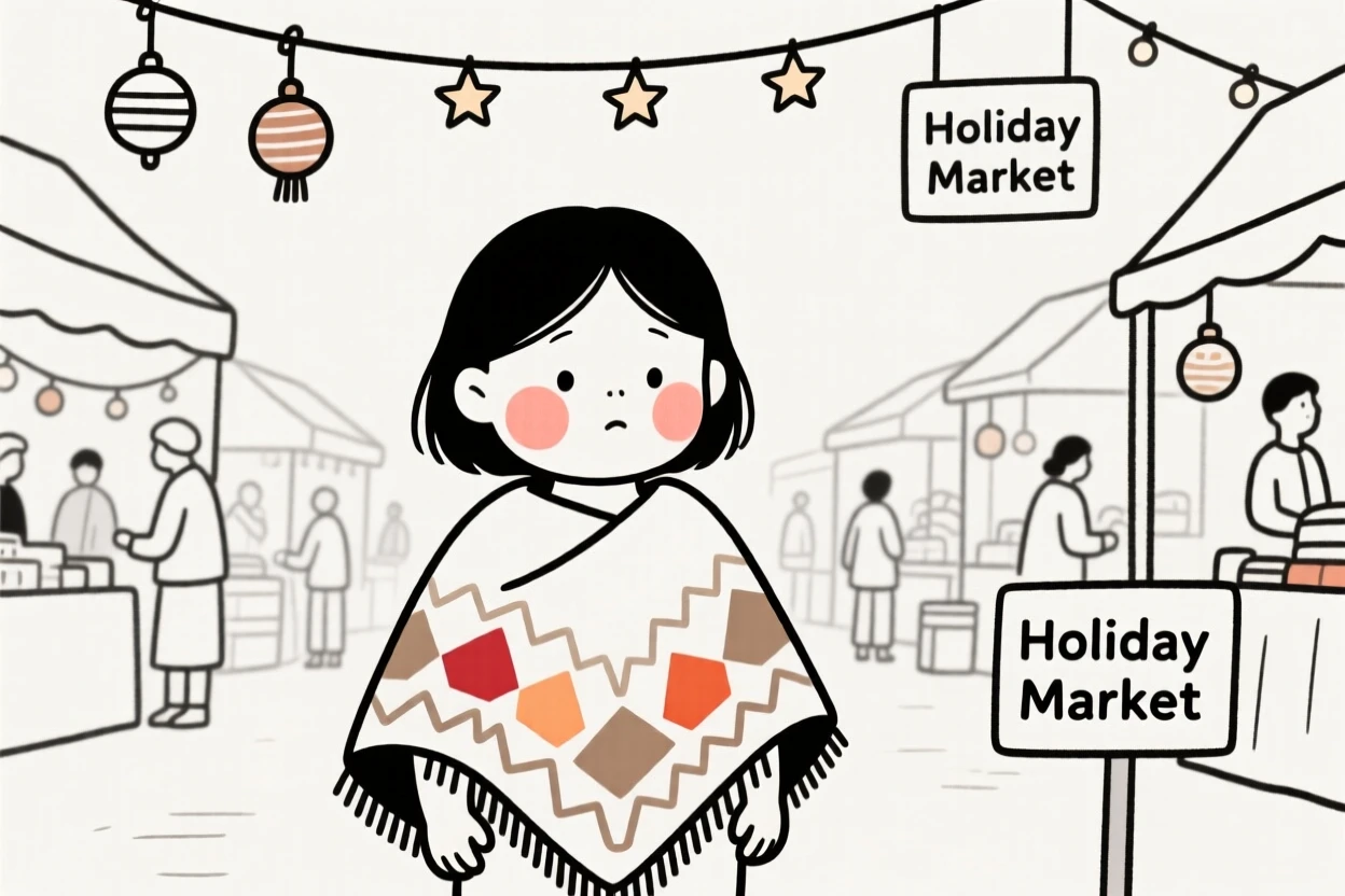 A baby girl of Native American heritage wearing a Peruvian woven poncho, lost in quiet contemplation, at a bustling holiday market.