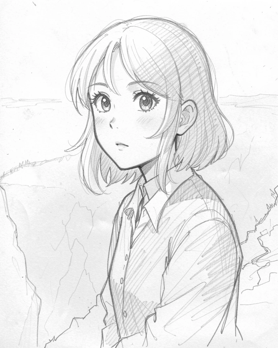 A tender portrait of a bright-eyed schoolgirl, gazing thoughtfully into the distance, at the edge of a misty cliff.