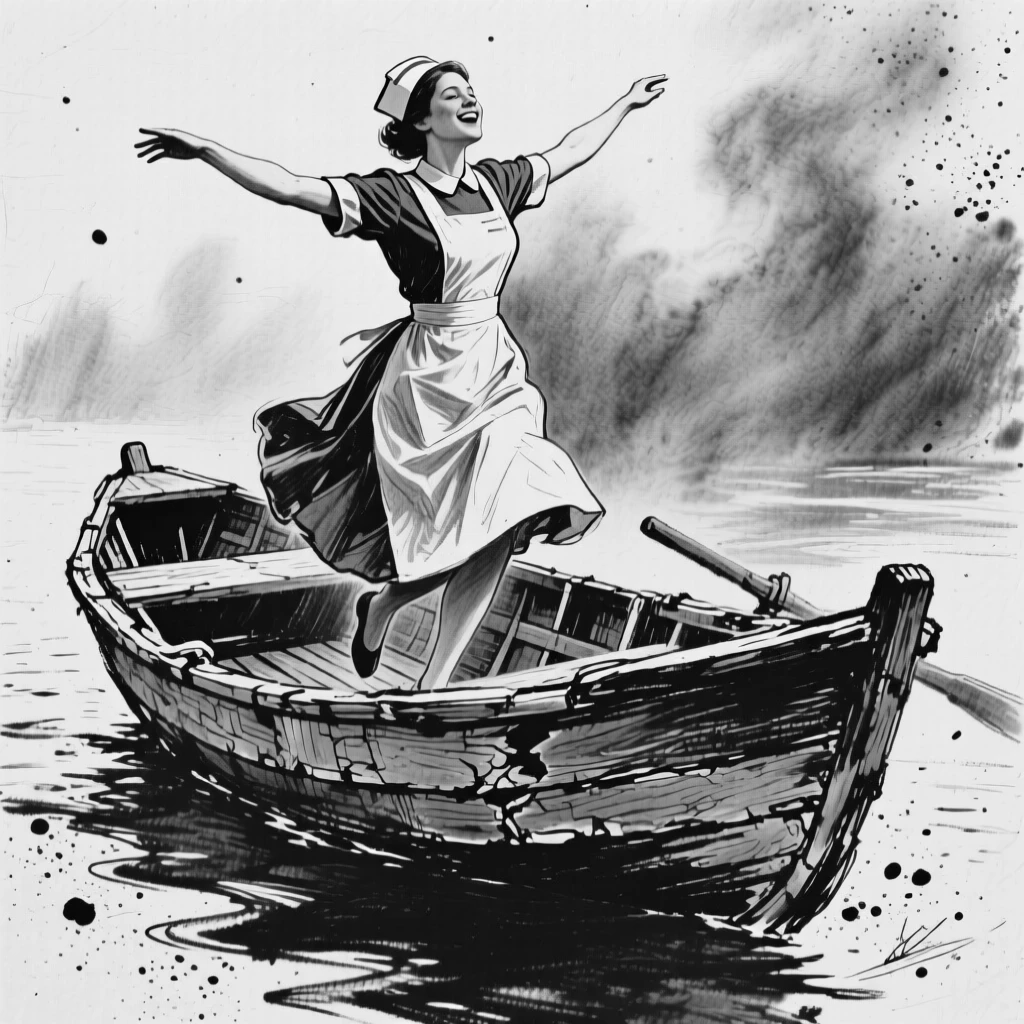 A nurse dancing freely with arms outstretched, in an old wooden rowboat.