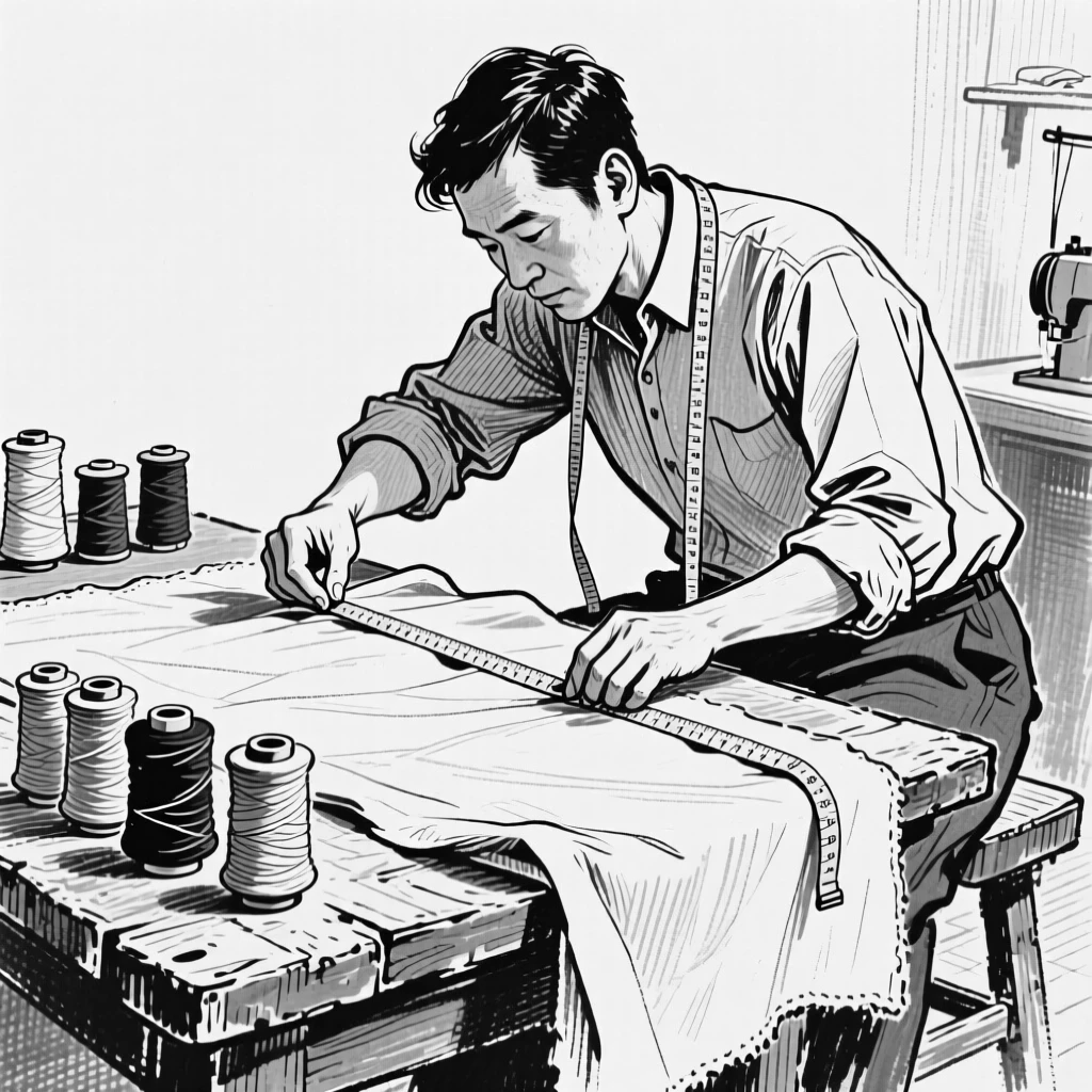 A tailor carefully measuring fabric on a wooden workbench, spools of thread arranged nearby.