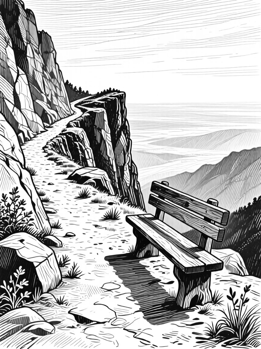 A narrow mountain trail at the edge of an endless horizon, with a single wooden bench overlooking the view, evoking a timeless and grounding atmosphere in a wide, balanced composition.