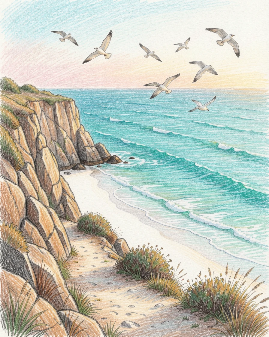 A coastal cliffside path overlooking turquoise waters and white sand, as birds glide silently overhead in the fading light, capturing a fleeting, magical moment in nature.
