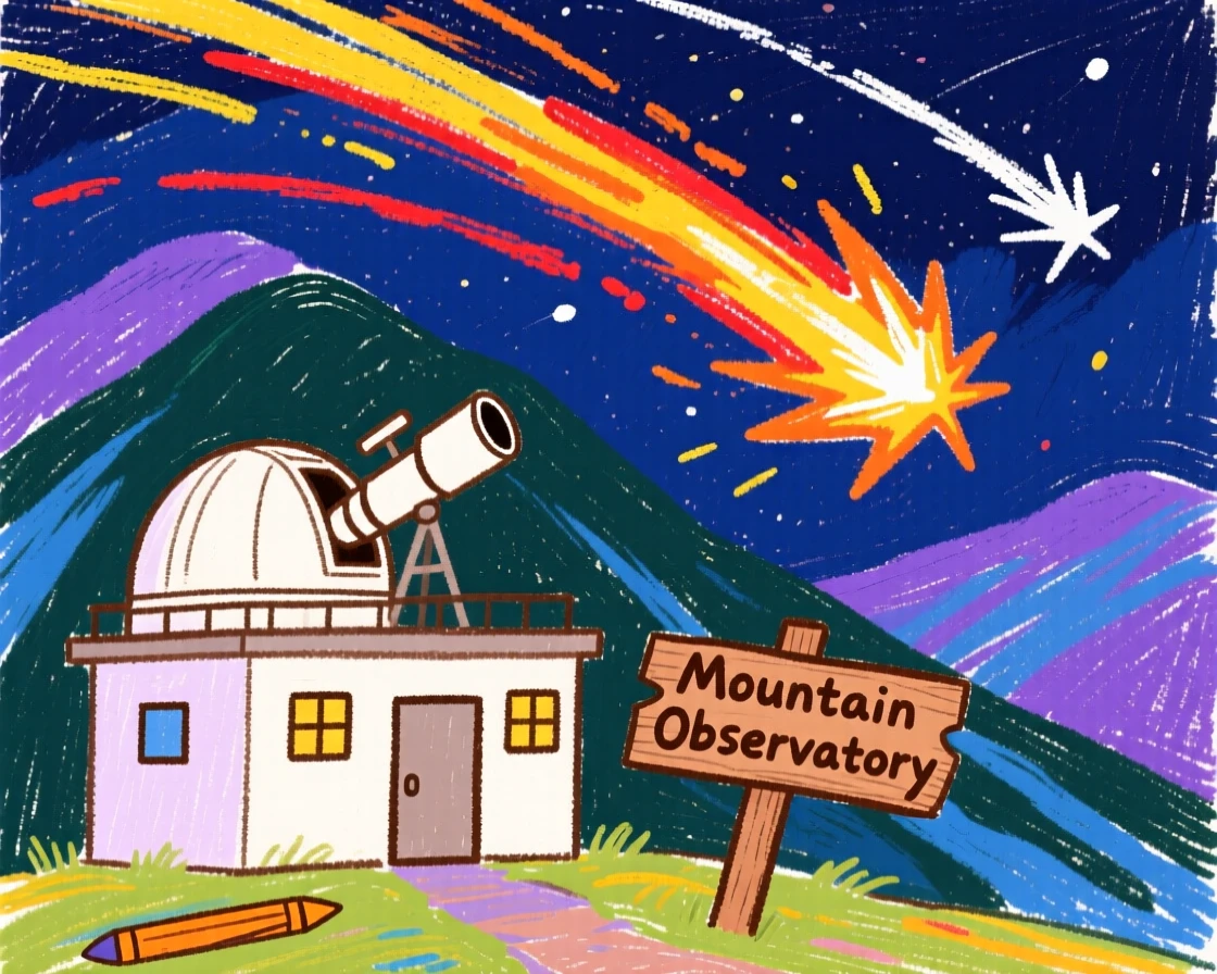 A meteor shower streaking above a quiet mountain observatory.