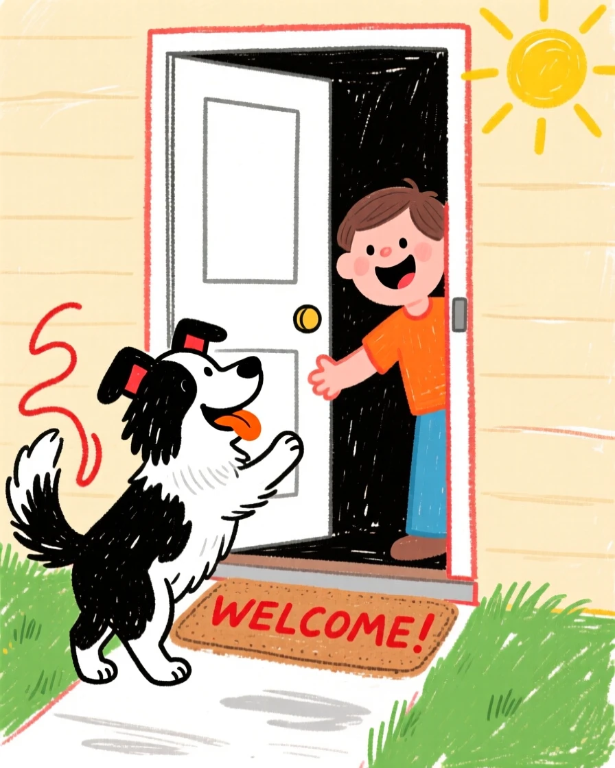 A loyal border collie greeting its owner at the front door with a wagging tail.