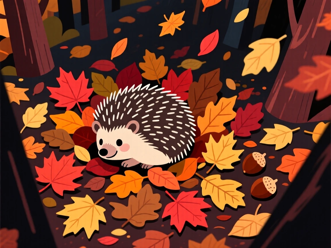 A hedgehog curled among fallen autumn leaves, nestled inside a cozy autumn forest with falling leaves, shown from above in a charming bird's-eye view, with vivid, richly saturated colors that pop.