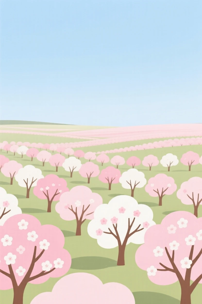 A vast field of cherry blossoms stretching to the horizon under a wide open sky.