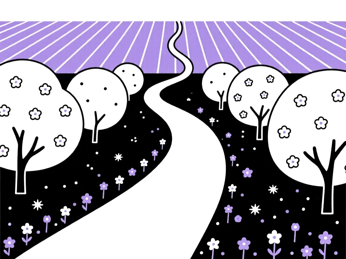 A winding path through a blooming orchard leading toward a lavender field, with wildflowers swaying in the breeze scattered along the way, radiating untouched wilderness.