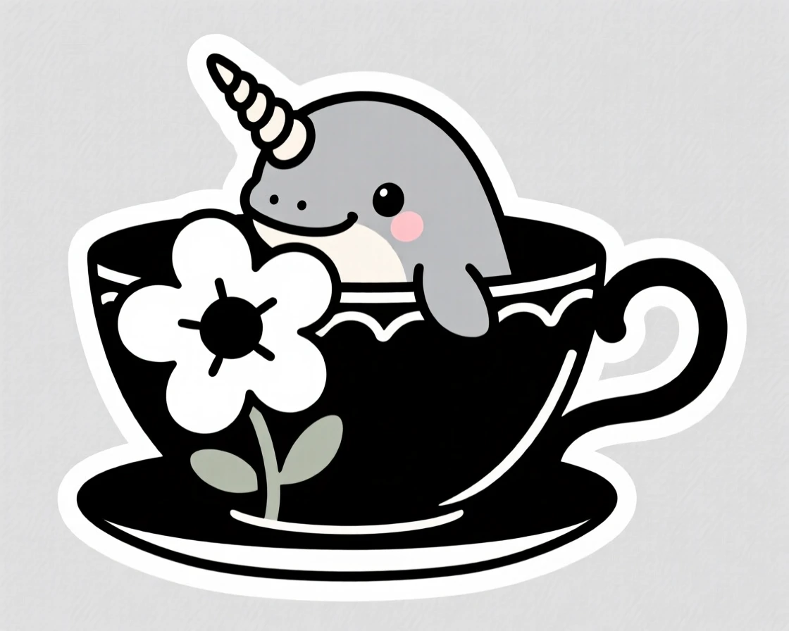 A content baby narwhal peeking out from behind a giant flower, inside a giant teacup.