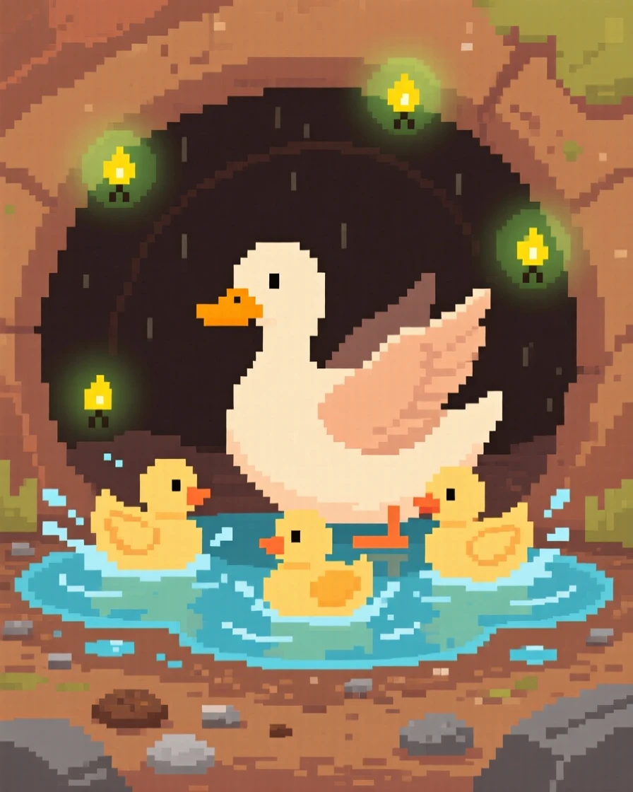 A mother duck and her ducklings splashing in a puddle after the rain, inside a cozy burrow lit by fireflies.