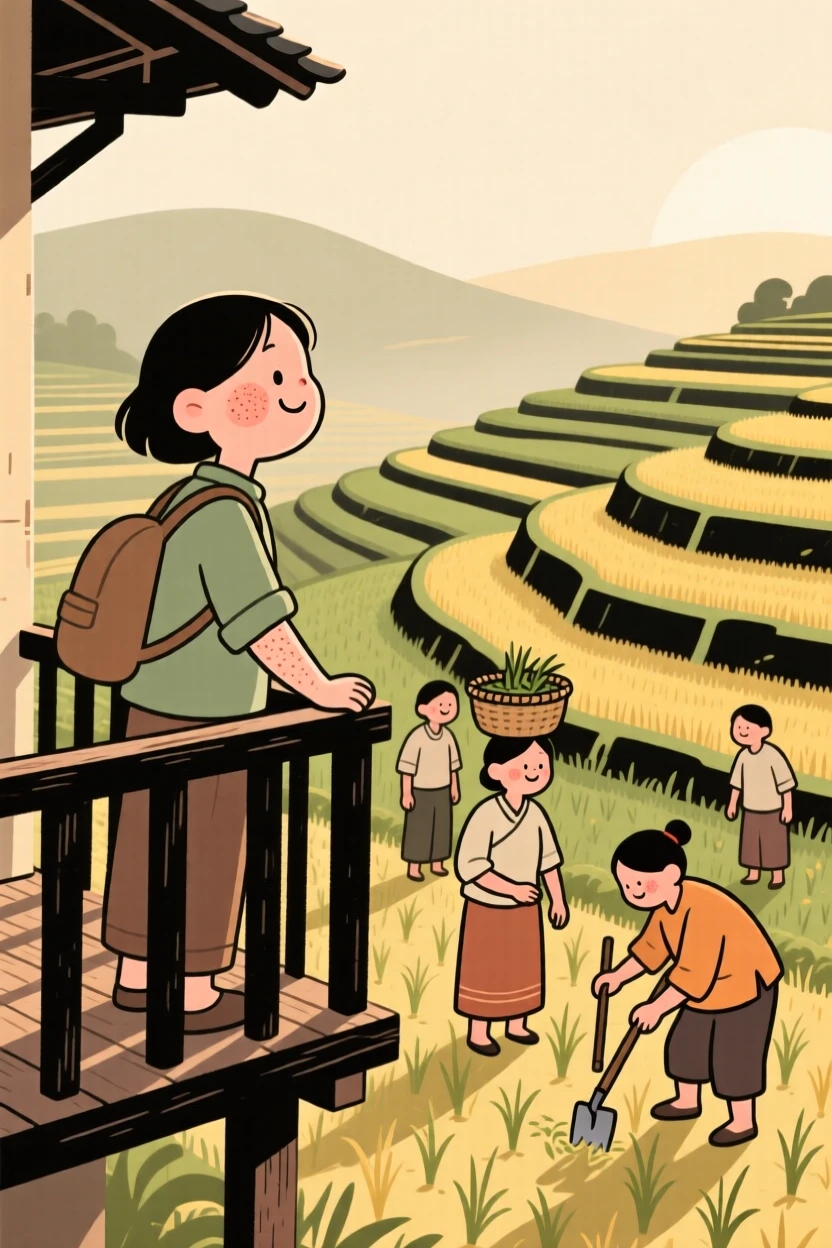 A traveler pauses on a narrow balcony overlooking terraced rice fields, watching locals going about their morning routines as the early morning light settles over the scene.