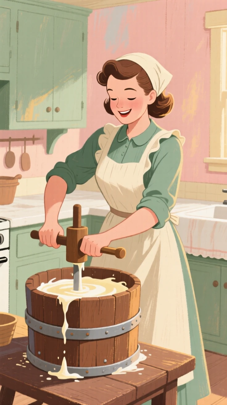 A butter churner working cream by hand in a farmhouse kitchen