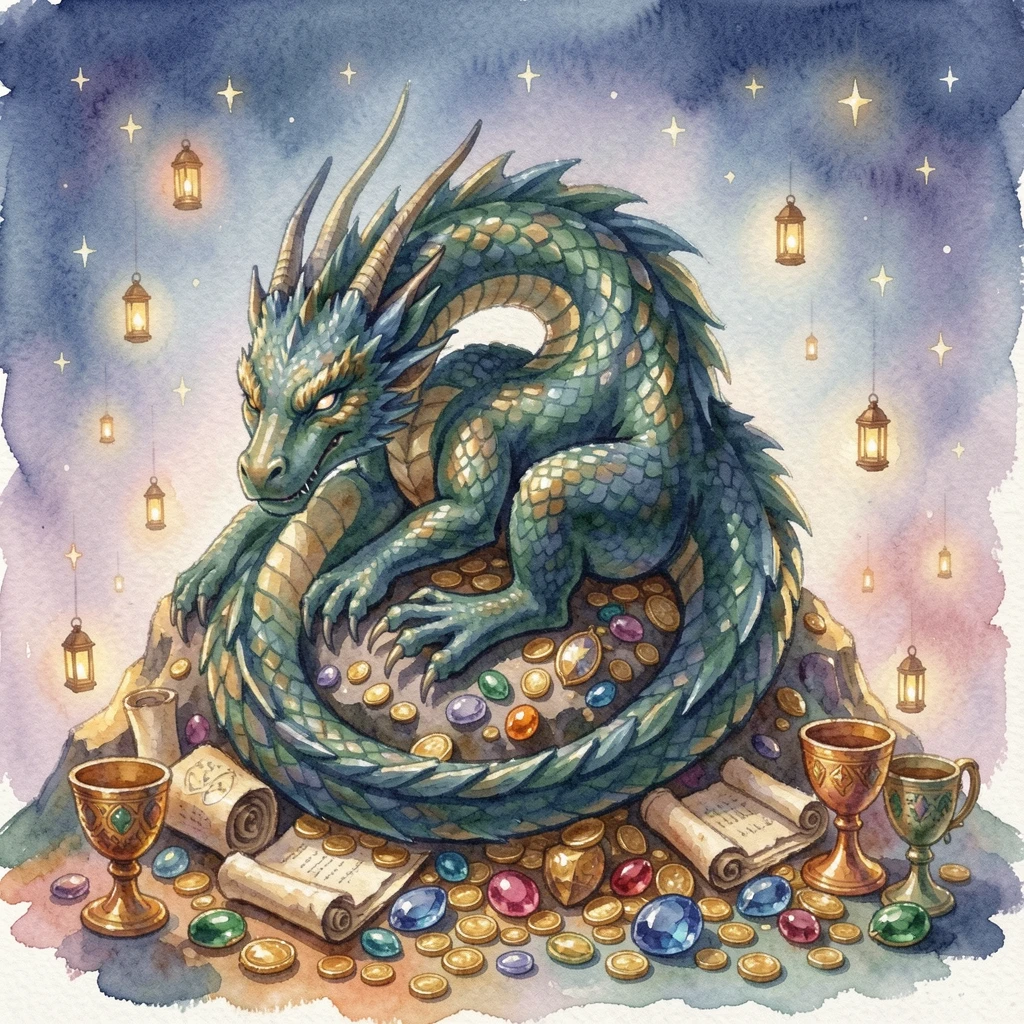 A dragon curled asleep atop a mountain of treasure with tiny lanterns floating like stars.
