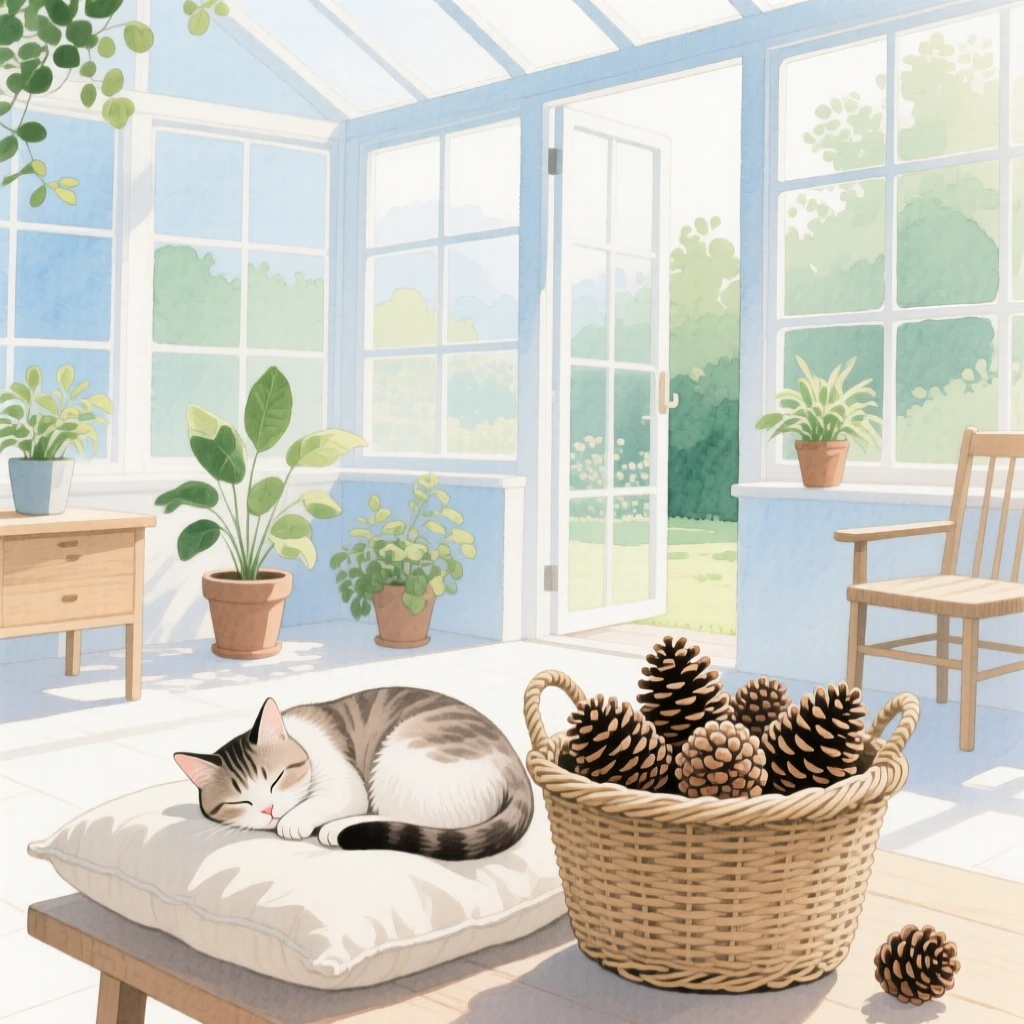 A charming view of a garden sunroom, with a cat curled asleep nearby, featuring a woven basket filled with pinecones