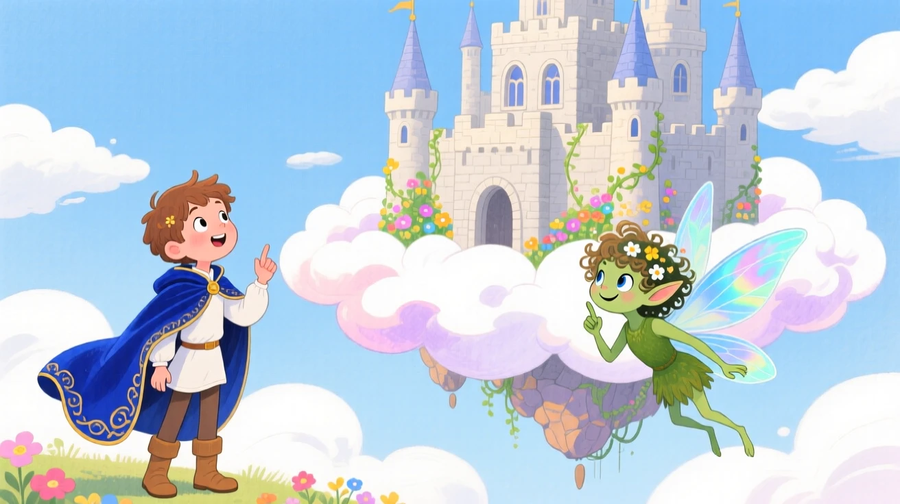A young prince in a velvet cloak discovering a floating castle in the clouds for the first time, greeted by a mischievous forest sprite.