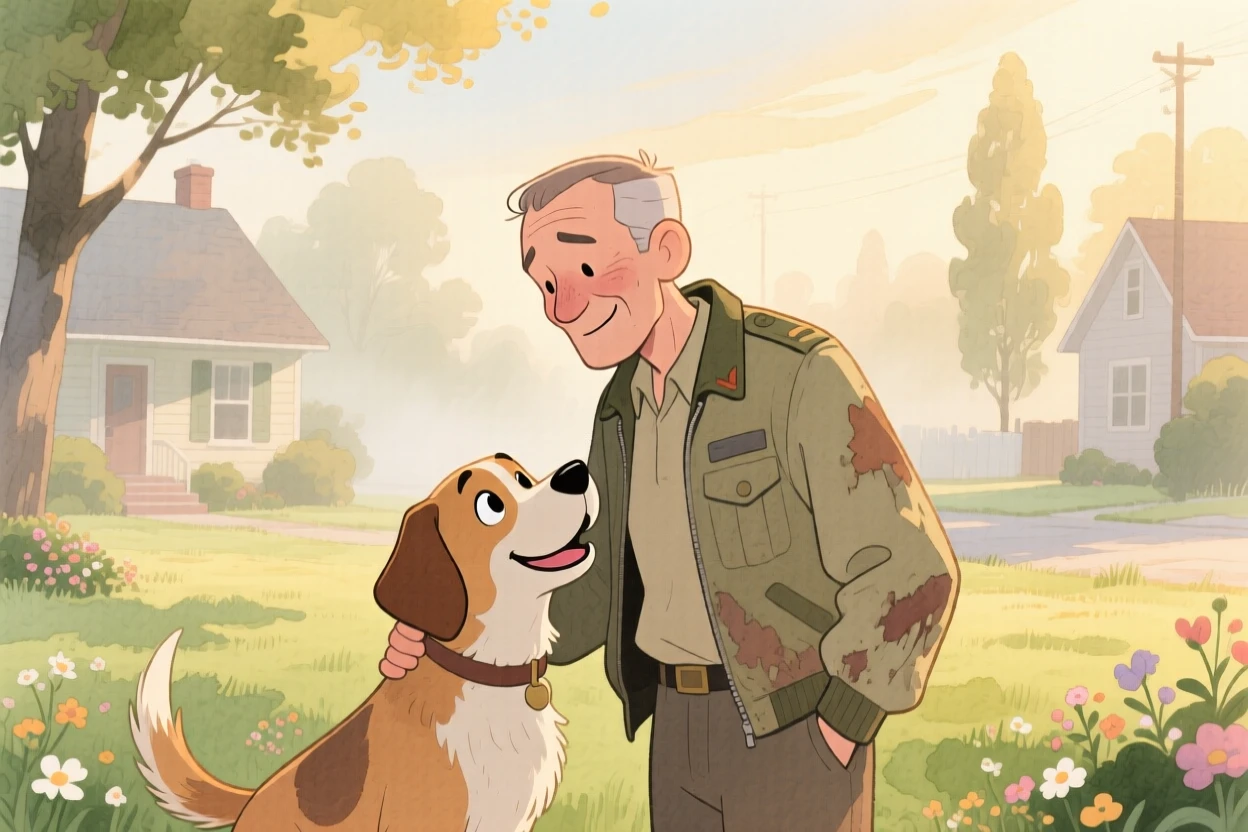 A veteran reuniting with his loyal dog after a long journey home, amid the quiet hush of an early morning, radiating kindness, hope, and heartfelt emotion.