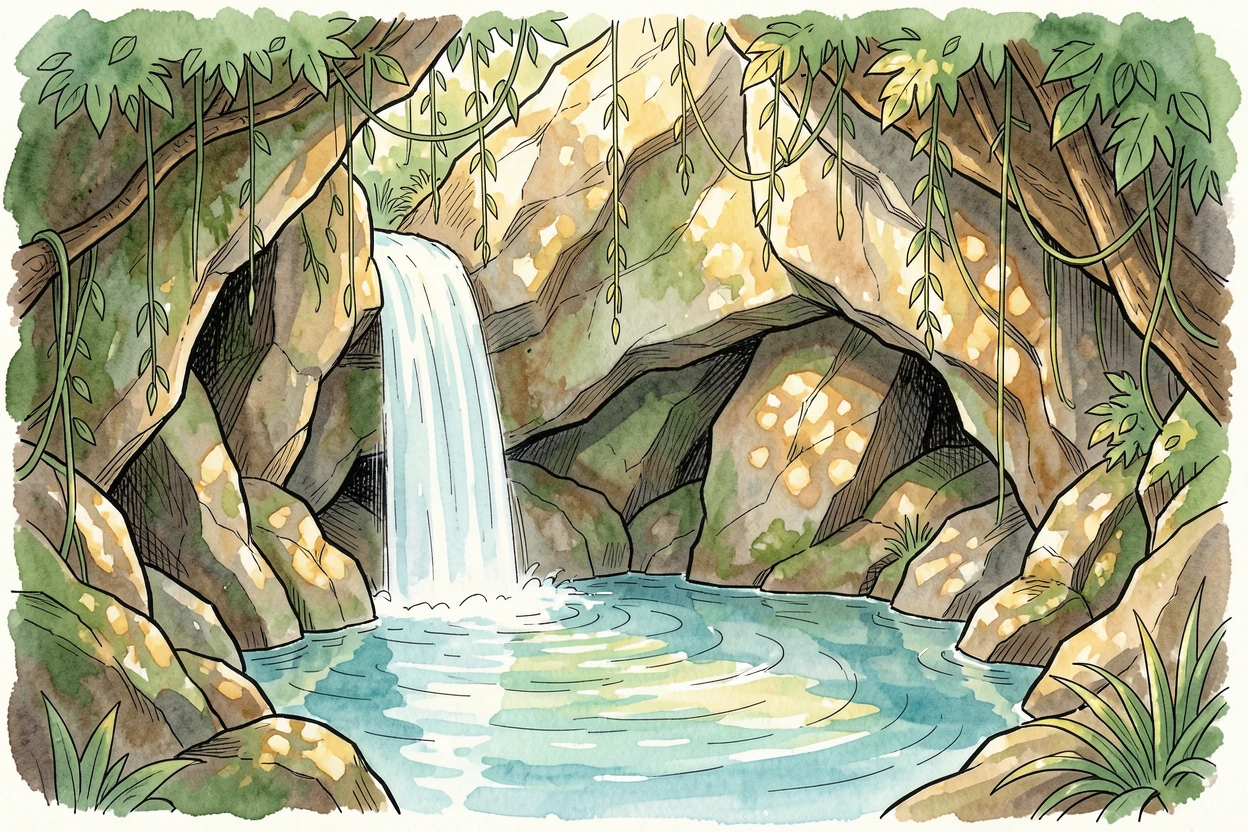 A hidden grotto with a small waterfall feeding a crystal-clear pool, sunlight filtering through overhanging vines