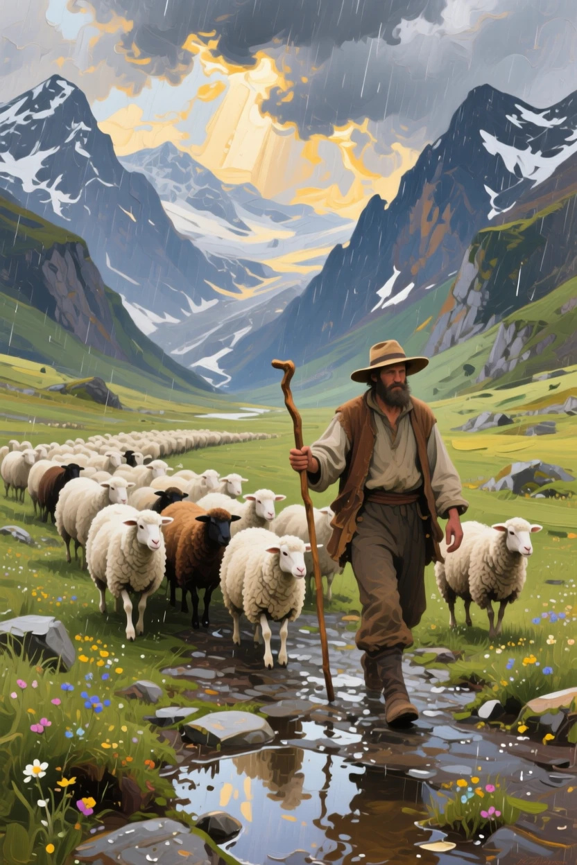 a shepherd leading sheep through a high mountain pass, just after a summer storm, with a balanced, spacious view of the surroundings.