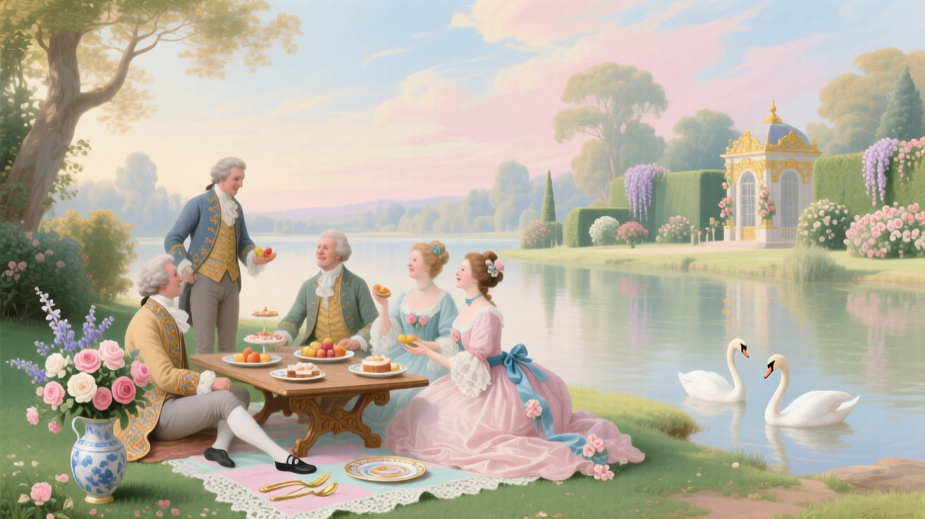 An aristocratic picnic beside a lake with swans and distant garden pavilions  