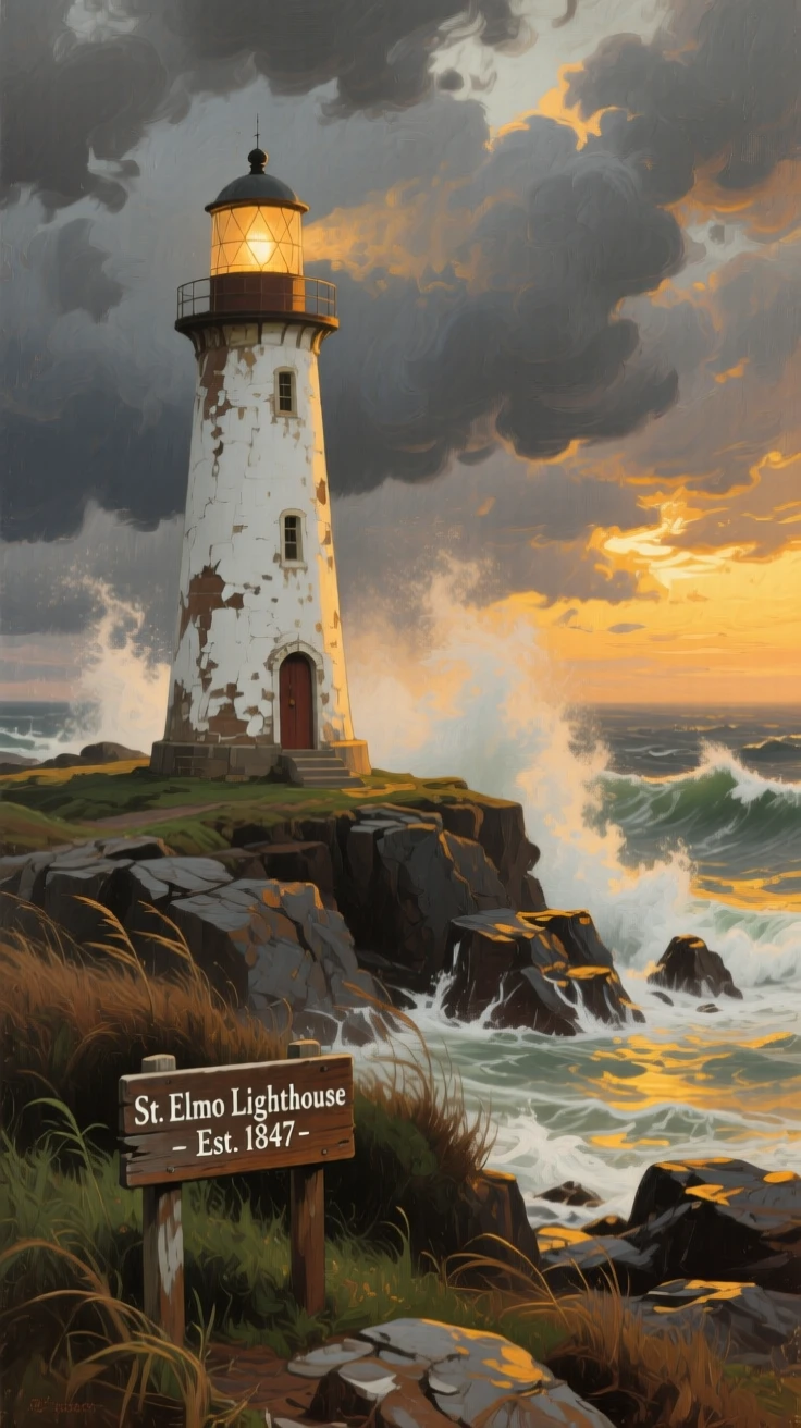 A lone lighthouse standing firm against a violent coastal storm, as golden hour light spills across the entire scene, capturing the raw power and quiet majesty of untouched nature