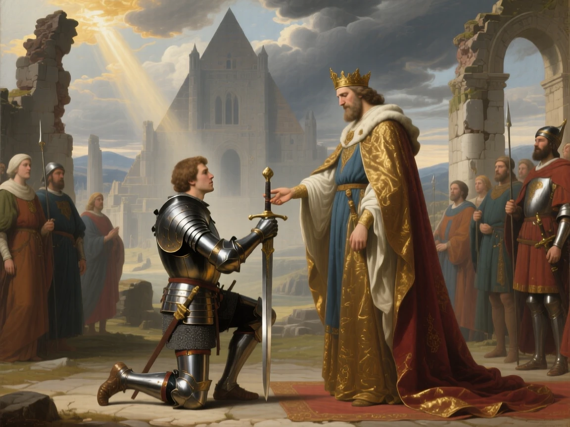 A medieval knight kneeling to receive his sword from a monarch at the height of a decisive and unforgettable moment, set amid the ruins of a fallen citadel, as sunlight gilds the edges of drifting storm clouds; the composition centers the hero in a pyramid of surrounding figures, evoking awe, destiny, and the weight of history.