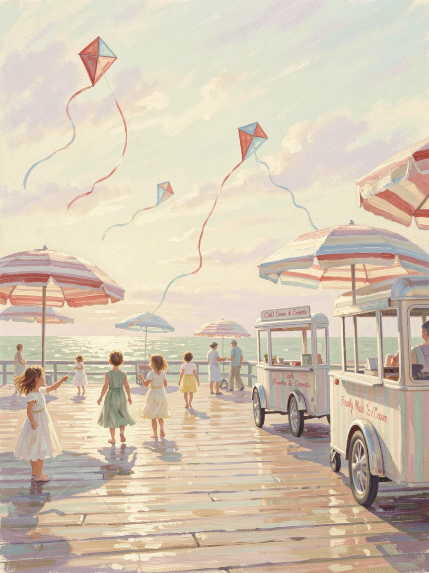 A vintage seaside boardwalk with striped umbrellas, ice cream carts, and children flying kites.