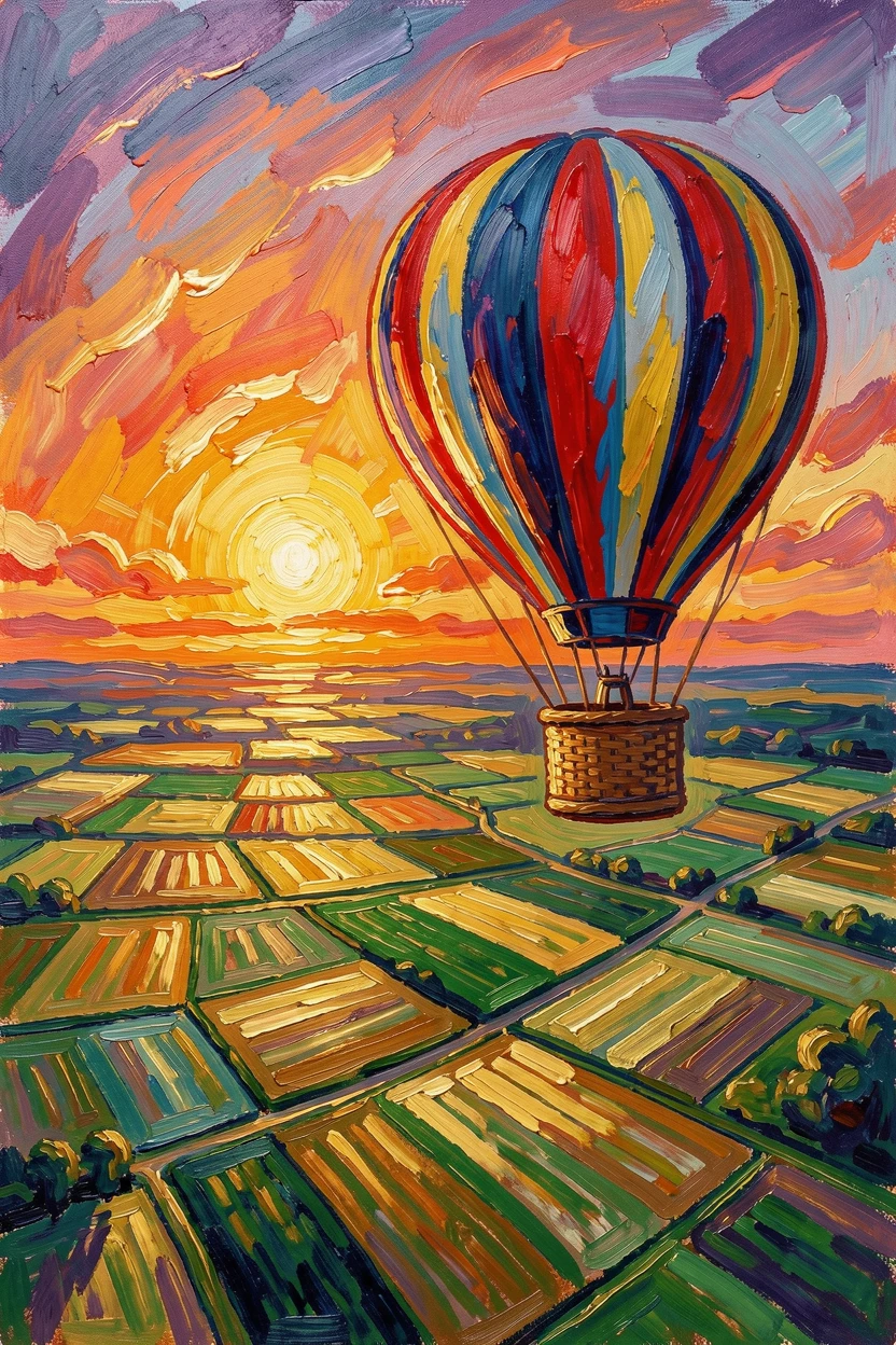 A hot air balloon drifting above a patchwork of green and gold farmland at sunrise.