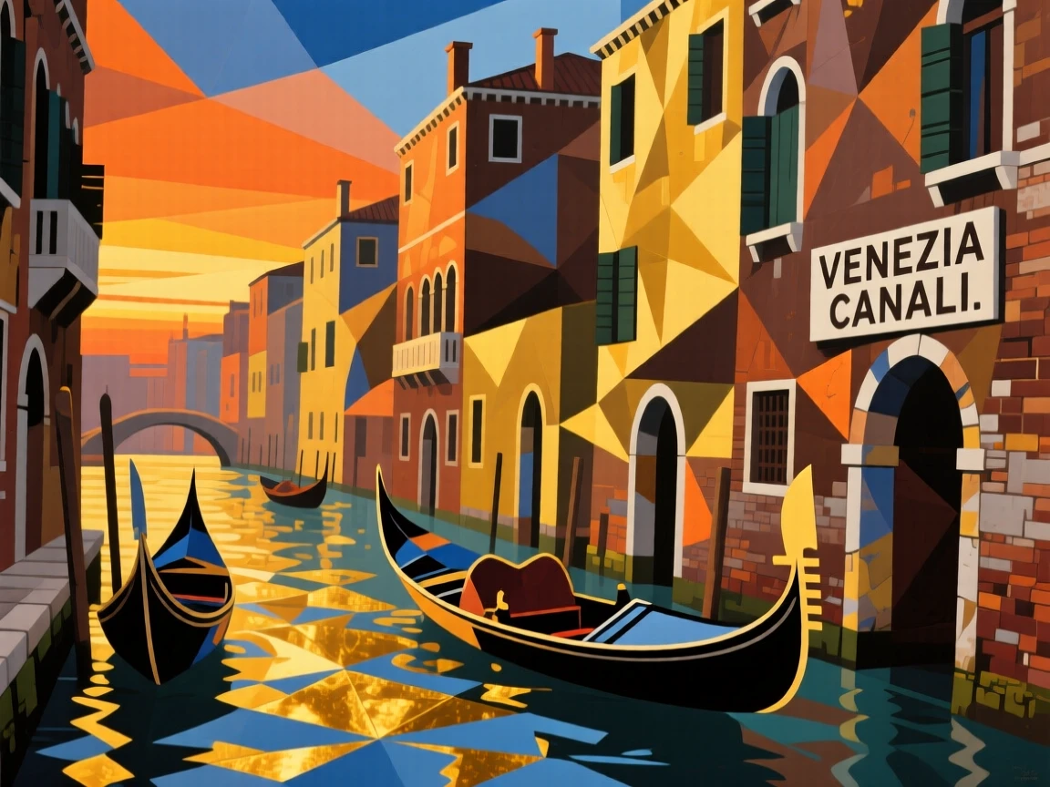 The canals of Venice glowing with golden light as gondolas drift by at dusk.