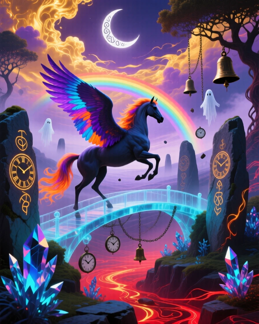 A winged horse galloping across a bridge of solid rainbow light stands motionless at the center of an ancient stone circle, while distant bells seem to ring without any wind.