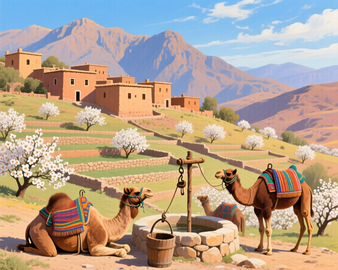 The Atlas Mountains rise behind a Berber village of ochre clay houses, terraced almond orchards in white blossom stepping down the slope, and a caravan of camels resting near a well in the foreground.