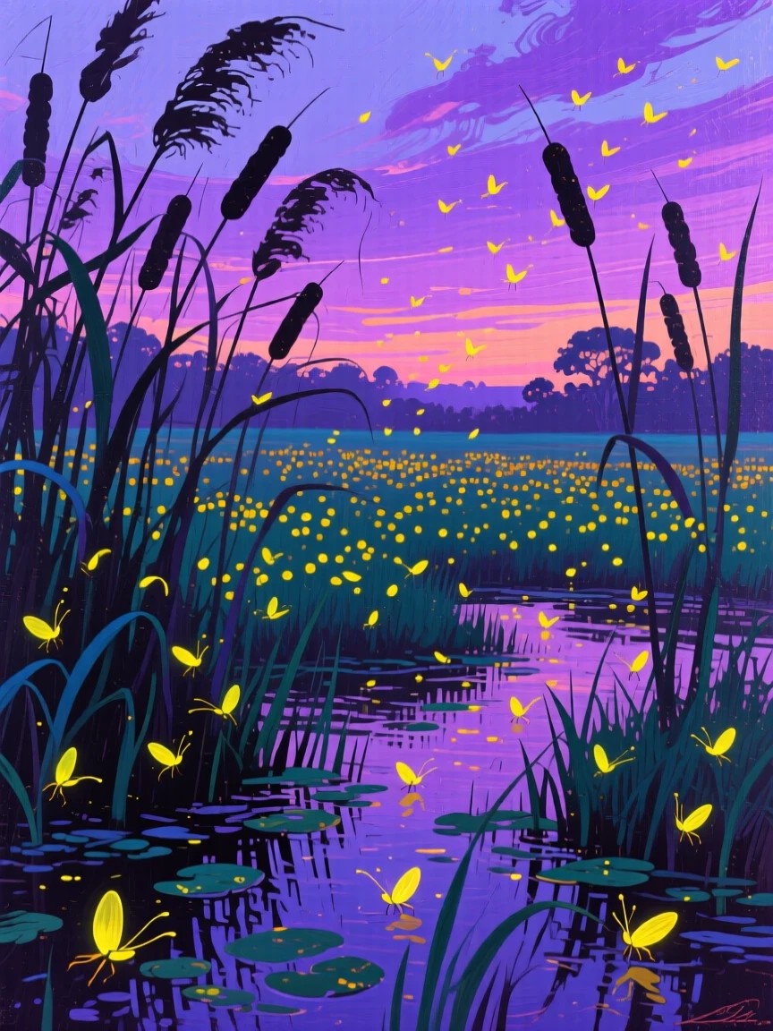 A glowing field of fireflies rising over a wetland marsh at twilight, cattails silhouetted against a violet sky