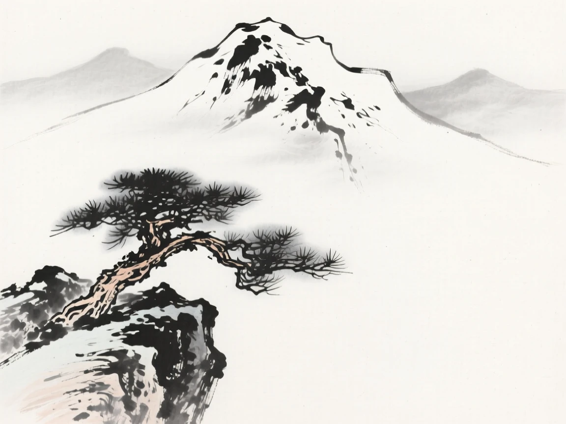 a snow-capped ridge, wreathed in low-lying mist, with a lone pine clinging to a rocky outcrop.