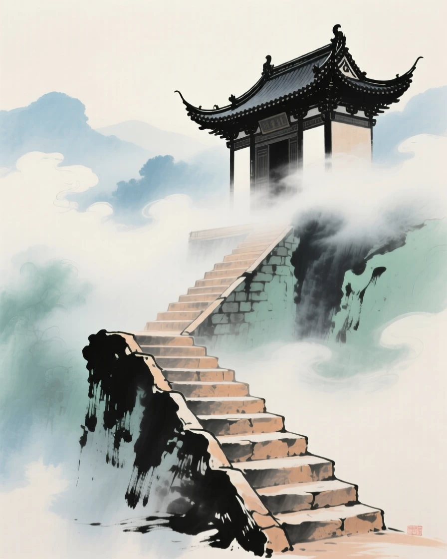 A stone staircase climbing toward a temple hidden in the clouds, imbued with timeless calm, through swirling morning fog.