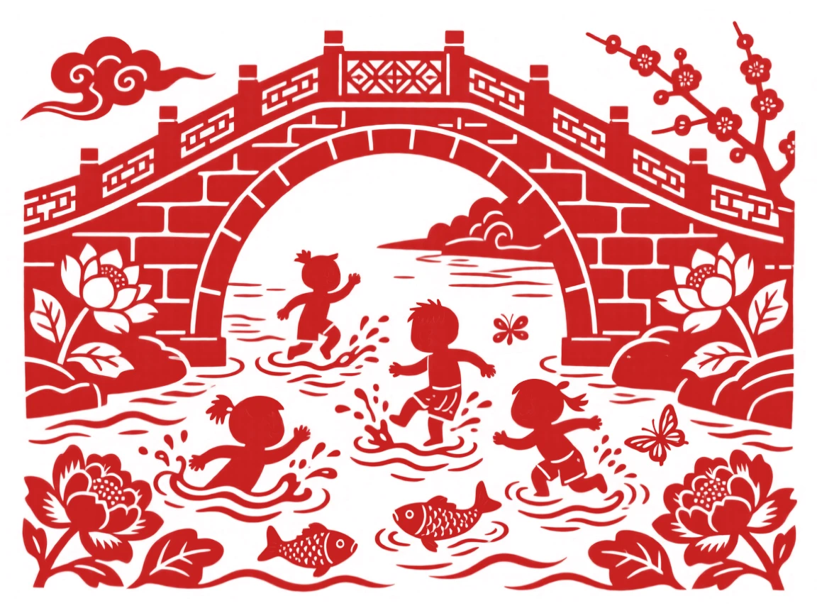 A summer river scene with children swimming and splashing beneath an old stone bridge