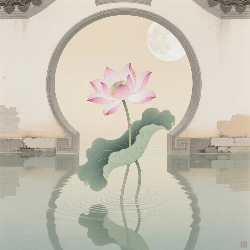 A single lotus flower rising above still water framed by a moon gate entrance