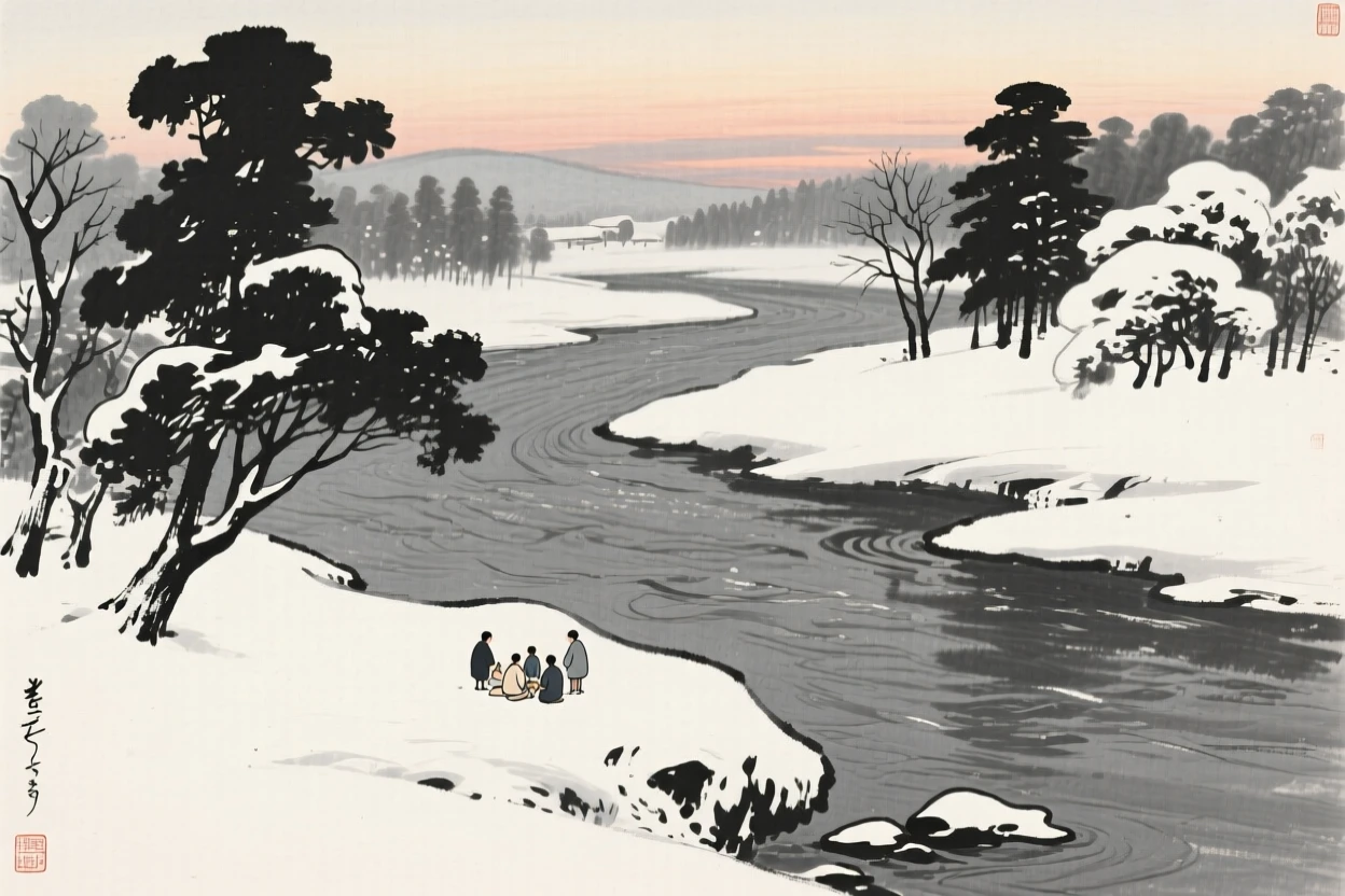 A quiet winter morning after fresh snowfall beside a slow-moving river at dusk, seen from a gentle elevated view over the gathering below, suggesting nostalgia and gentle celebration.