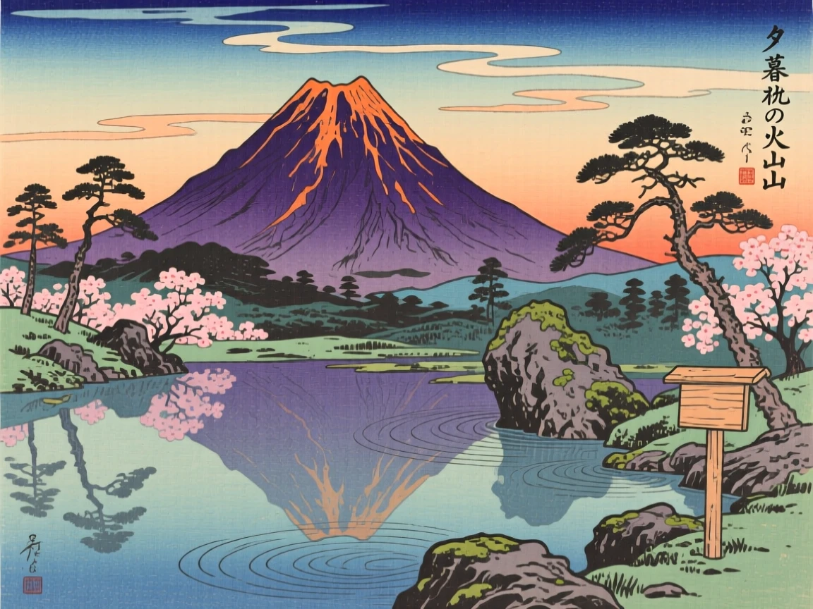 A jagged volcanic cone, reflected in a calm mountain pond, at dusk.