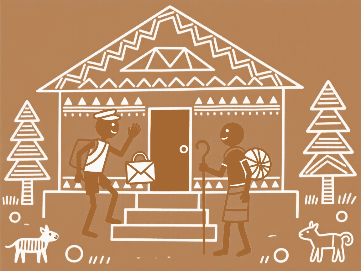 A barefoot postman greeting a traveler arriving from afar on the steps of a village meeting hall.
