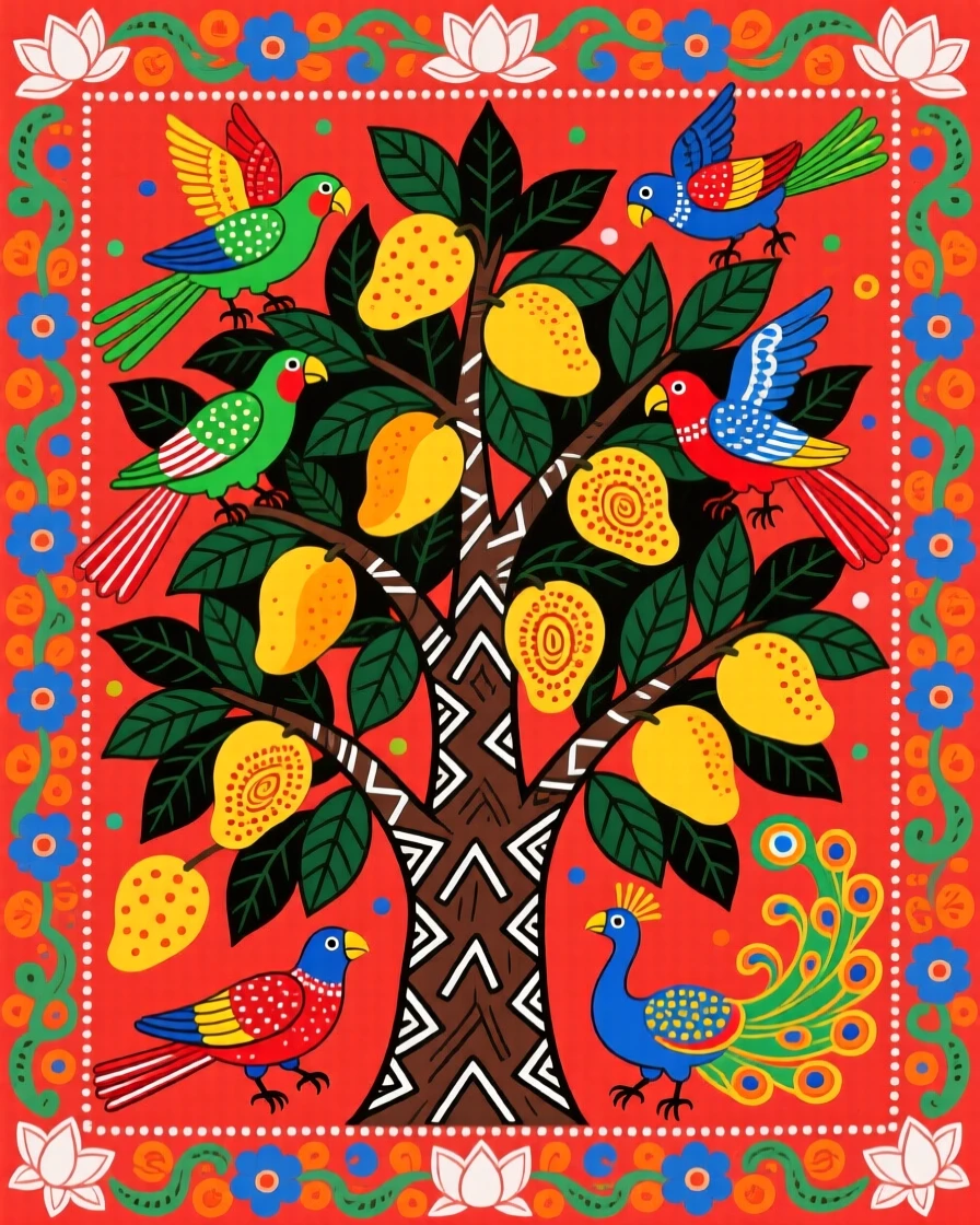 A flock of parrots bursting from a mango tree heavy with ripe fruit.