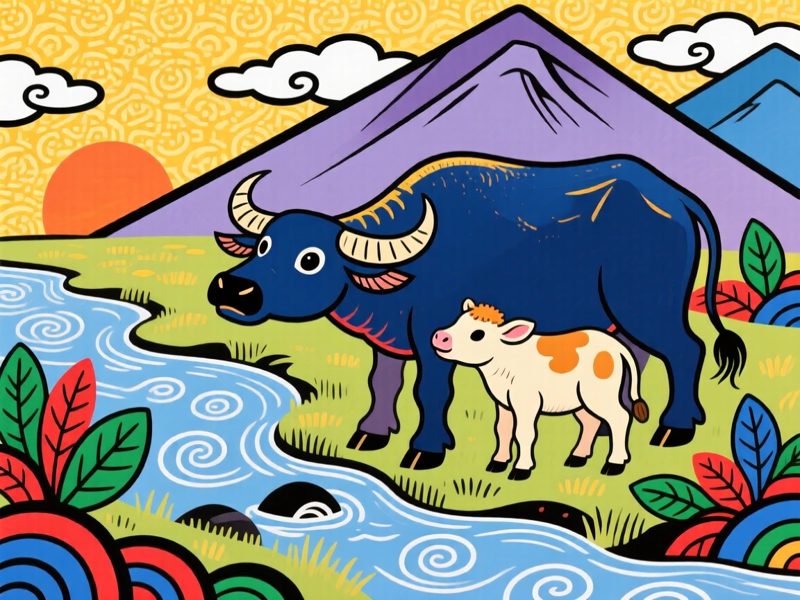 A water buffalo with its young beside a mountain stream, in the golden hour before sunset.