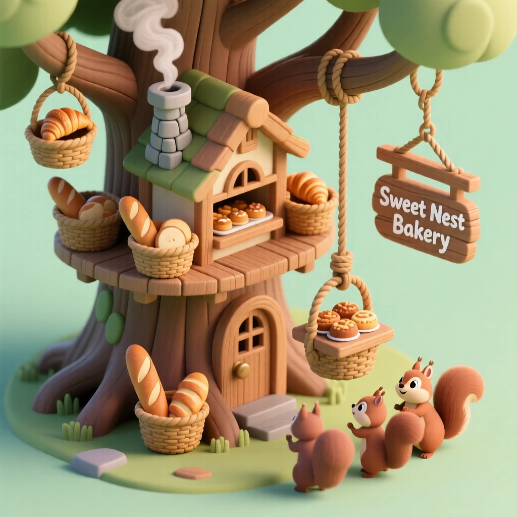A treehouse bakery with a spiral chimney puffing sweet-smelling smoke, baskets of bread hanging from branches, a rope pulley delivering pastries, and squirrels waiting eagerly below.