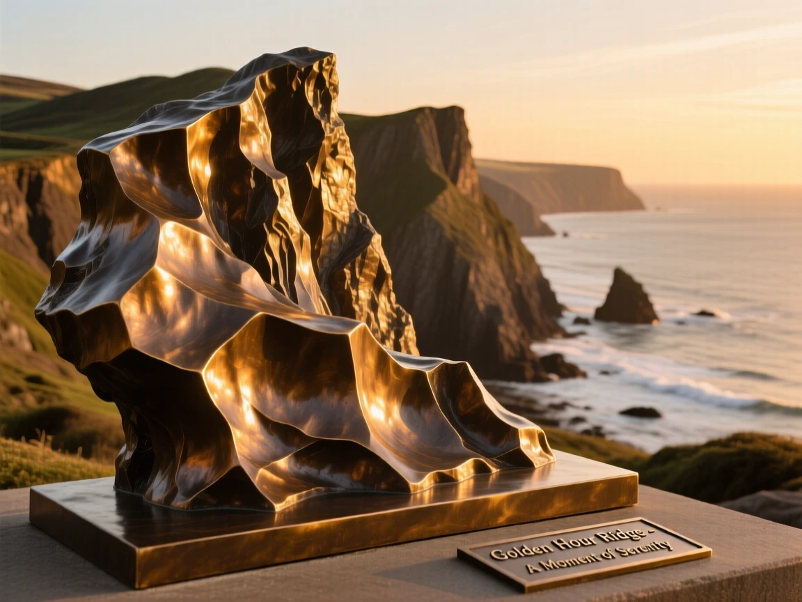 A dramatic ridge of sea cliffs glowing at golden hour, with a serene, contemplative atmosphere, offering a breathtaking sense of place