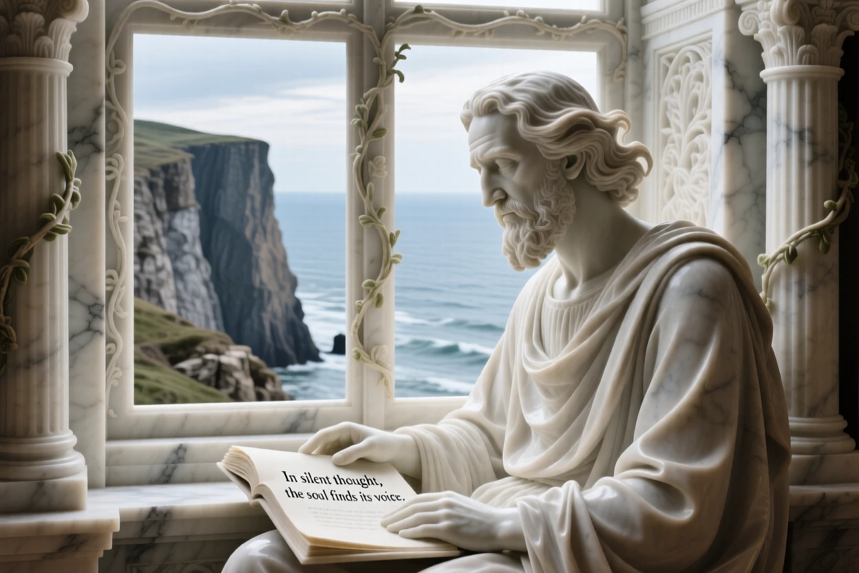 A close-up portrait of a poet lost in thought, sitting quietly by a window, on a windswept cliff overlooking the sea, radiating quiet emotion and dignity