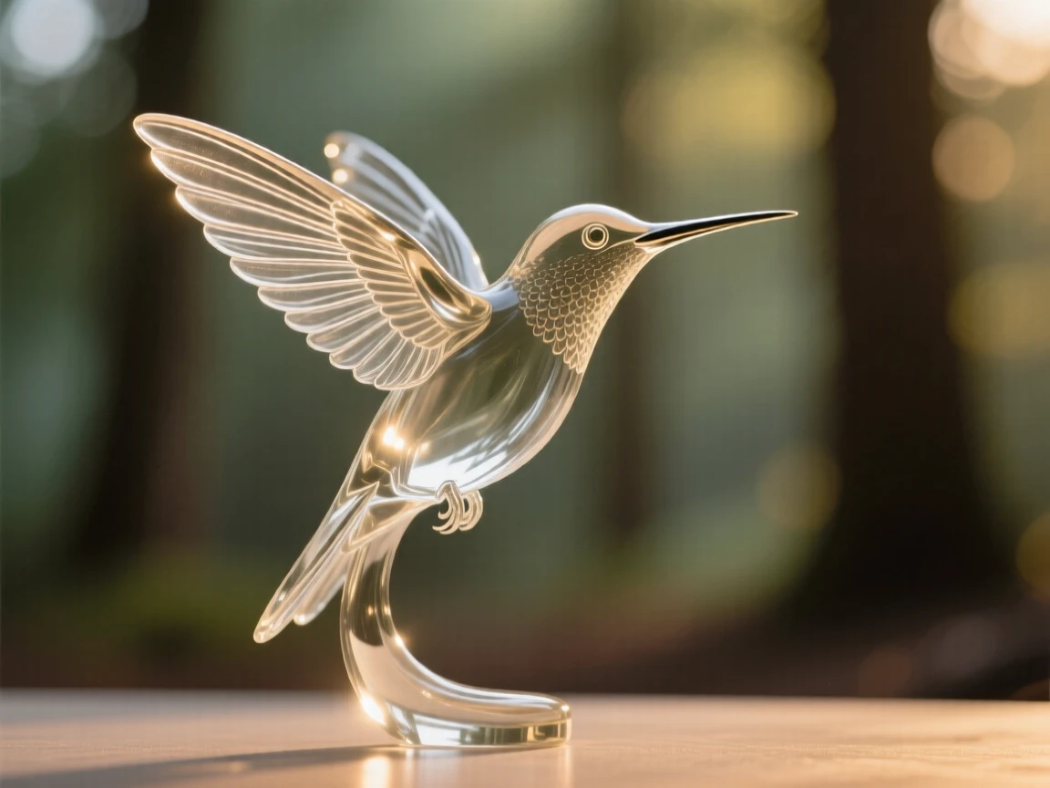 A hummingbird captured mid-motion against a soft-focus forest backdrop, golden hour light rimming its fur, conveying grace and wild energy.