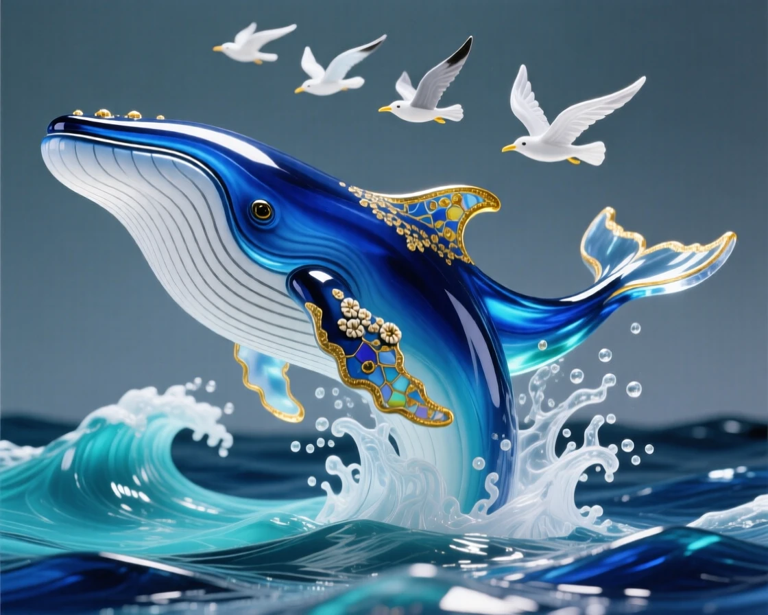 A humpback whale breaching from deep blue ocean waters, powerful and awe-inspiring, seabirds scattering above the splash.