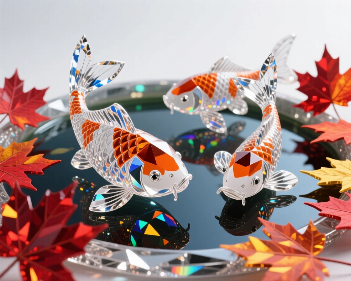 A tranquil koi pond framed by red maple leaves in full autumn color.
