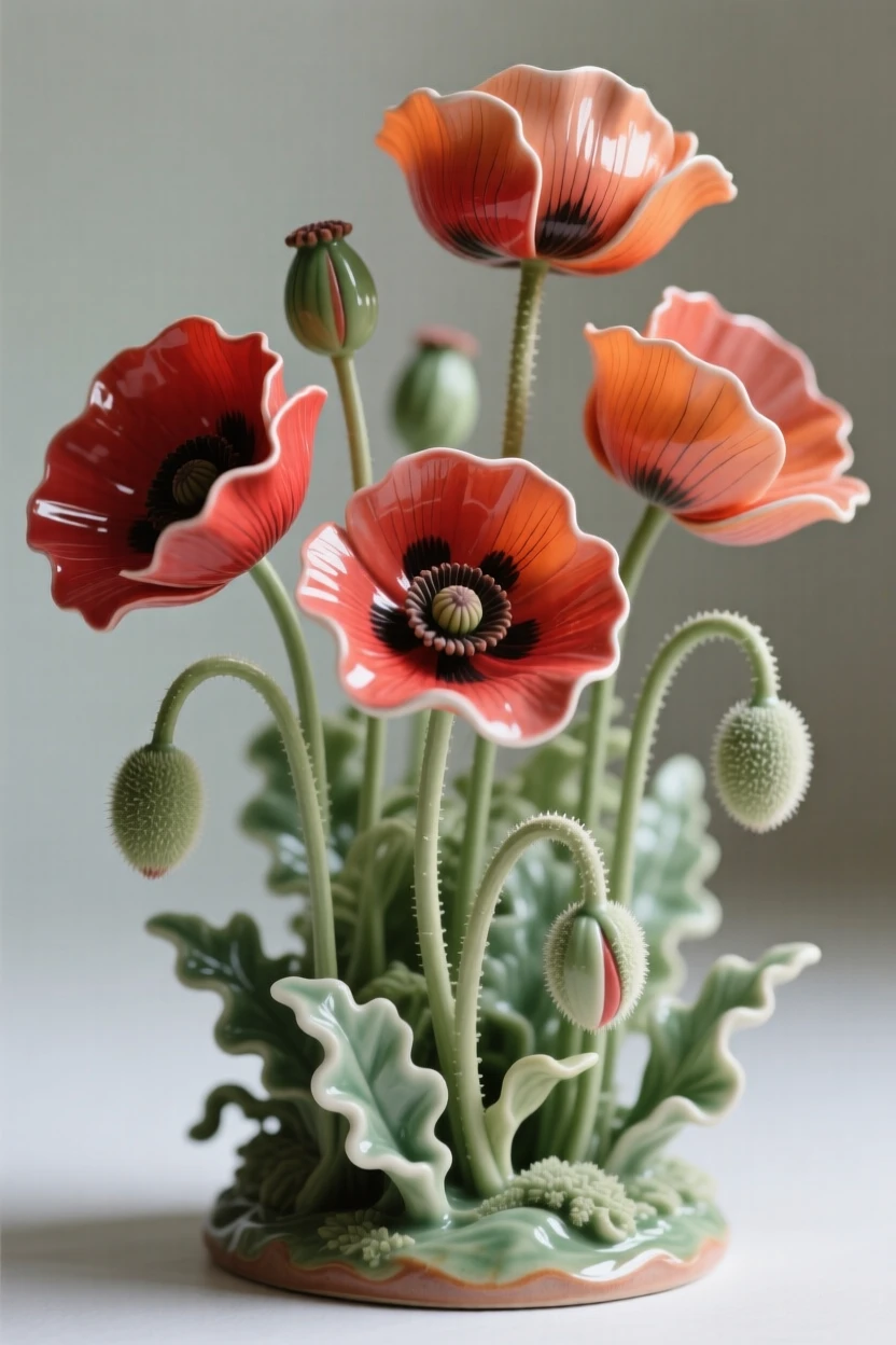 A cluster of poppies swaying in a breeze framed by soft surrounding greenery, its edges delicately curled and textured, evoking fragile beauty and quiet renewal.