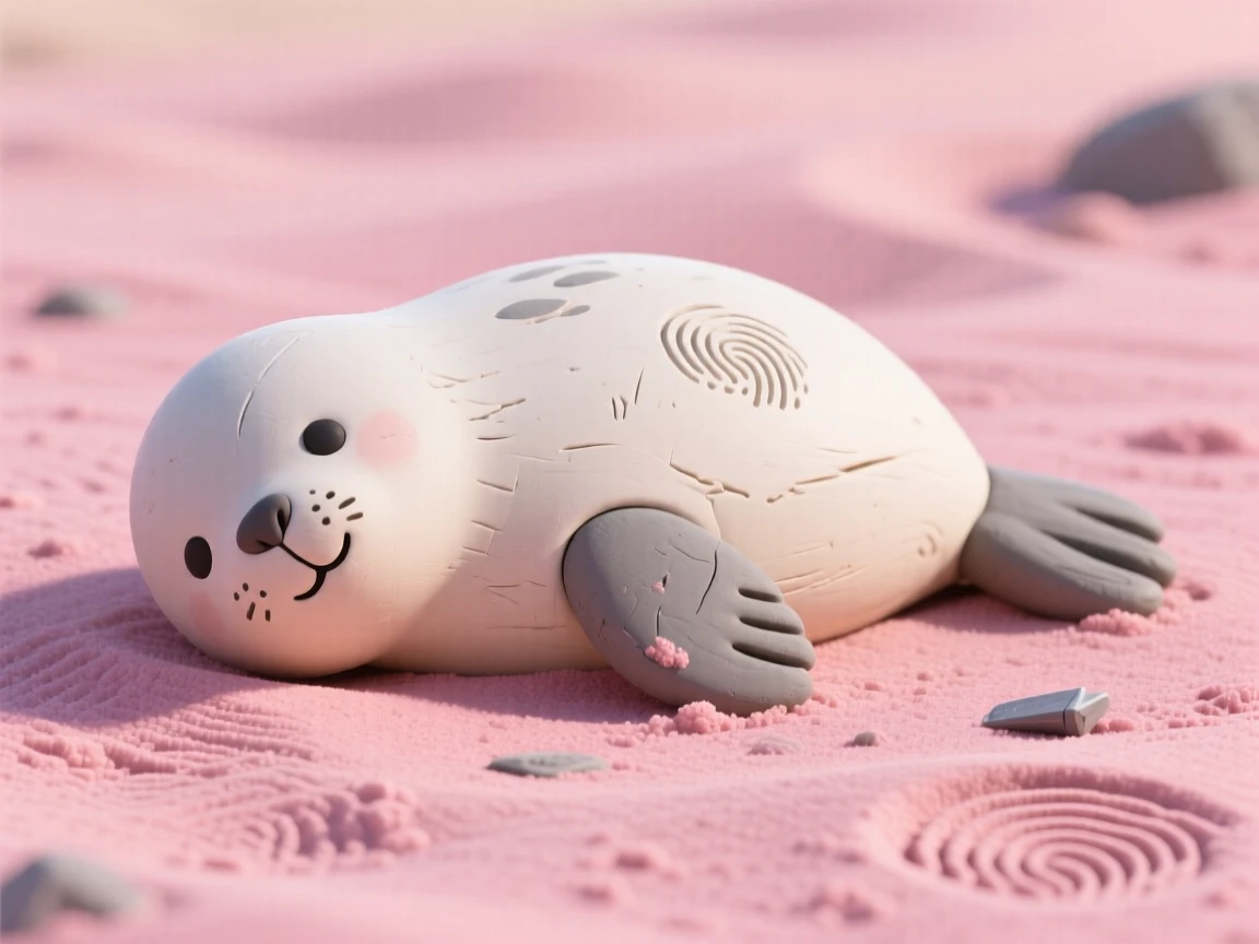 A baby seal resting on pink sand, flippers tucked beneath its body