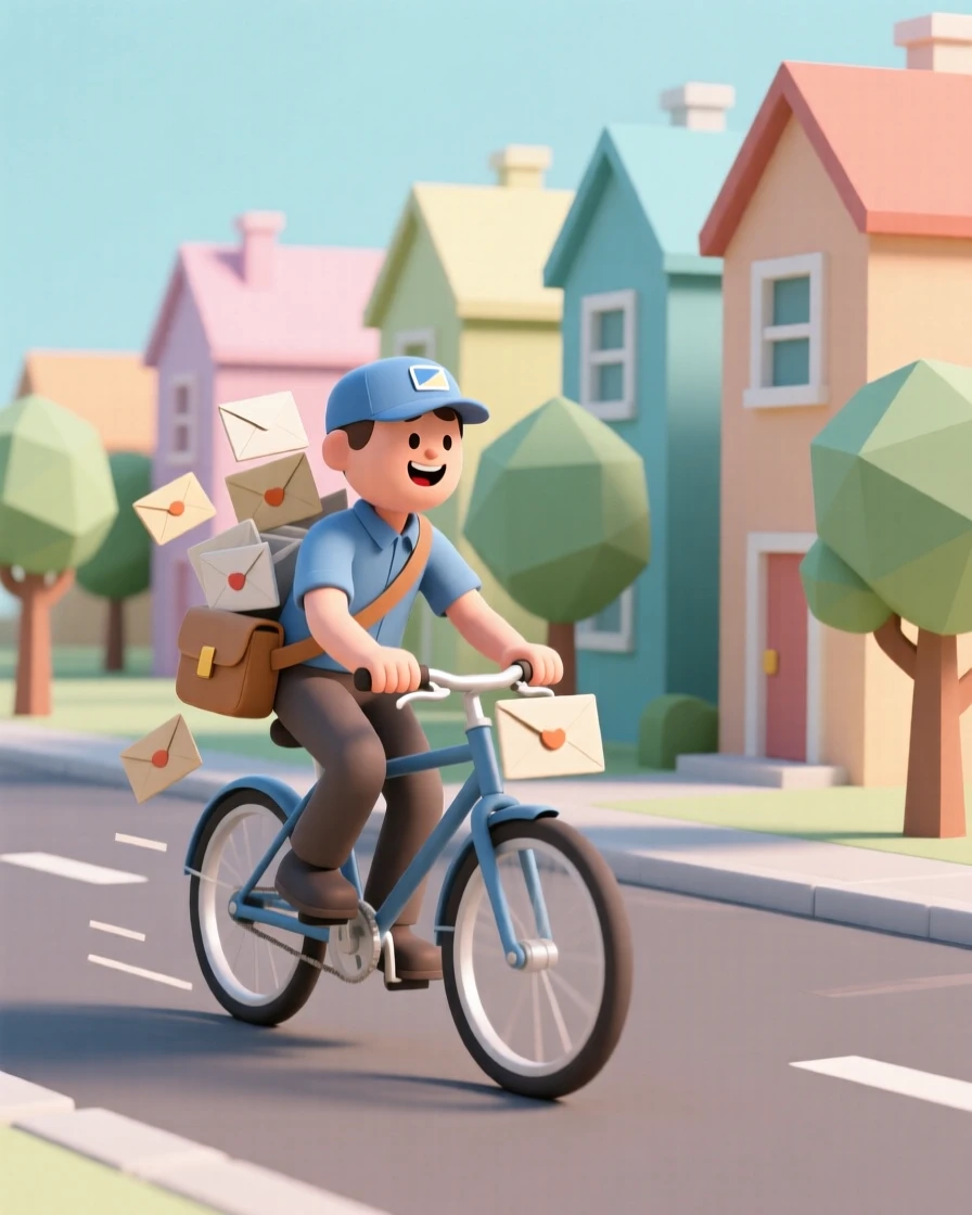 A cheerful mail carrier pedals a bicycle down a tree-lined street, a bag full of letters bouncing against colorful houses.
